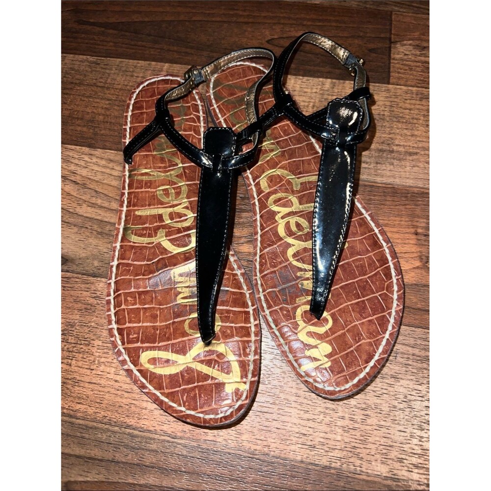Sam Edelman Black T-Strap Sandals with Brown Croc Footbed 7.5 summer beach